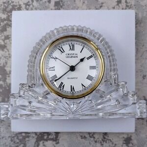 Crystal Legends Godinger Quartz Desk Clock Lead Crystal Fan Art Deco Gold Bezel